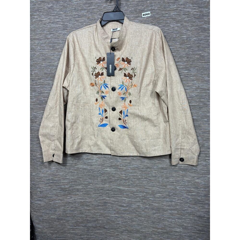 Embroidered Beige Button-Down Casual Shirt